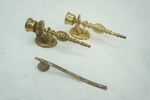 lot 148 image: Gold Bronze brass candlesticks, candle snuffer