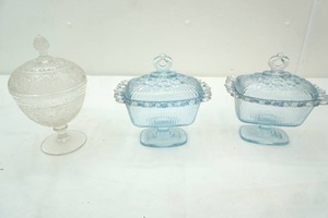 Vintage Indiana Glass old Colony Lace edge Pedestal candy dishes, Duncan & Miller clear covered candy dish