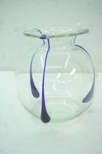 Vintage Poschinger clear and cobalt  tri-tadpoles hand blown glass vase,8.4"