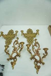 lot 217 image: Vintage Brass Candlestick Holders, Vintage Brass Jardiniere wLion Head Handles and Paw Feet