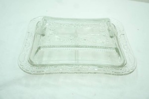 lot 218 image: Antique EAPG Rectangular Clear Glass Divided Covered Serving Dish wScroll Pattern