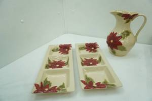lot 223 image: Ceramic Poinsettia Design Pitcher and Relish Trays
