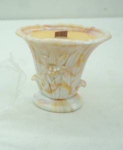 lot 271 image: Vintage Akro Agate Slag Glass Lily Vase wOrange and White Swirl Pattern Candle Cherry & Almond