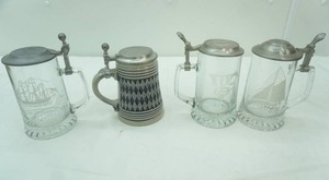 lot 284 image: Crystal Etched with Pewter Lid Beer Steins, 1 Pottery Stein wPewter Lid