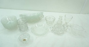 lot 303 image: Vintage Indiana Glass Sandwich Pattern Fruit Bowls Vintage Jeannette Glass Banana Split Boats Shannon Crystal Creamer and Sugar & More Crystal Pieces