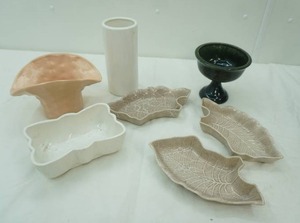 lot 351 image: Vintage McCoy Ceramic Cornucopia Vase UPCO Planter, Ceramic Cylinder Vase, 3 Piece Ceramic Serving Trays, Dark Green Glazed Ceramic Pedestal Dish (Hull)