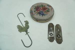 lot 361 image: Antique Decorative Metal Door Knob Plates, Chicken Hook, Vintage Biscuit Tin