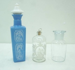 lot 363 image: Etched Jug with Cork, Vintage 1965 Jim Beam Blue & White Milk Glass Whiskey Decanter, Esco Labs Wide-Neck Soda Glass Reagent Bottle wStopper