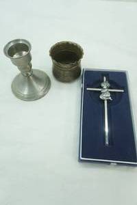 lot 367 image: Silver-Plated ()  Silver-Toned Candle Stick Holder, Small Vase, Child Wall Cross