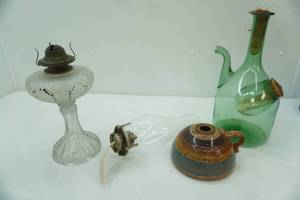lot 369 image: Antique Oil Lamp, Pottery Oil Lamp, Vintage Hand-Blown Green Glass Italian Wine Decanter wan Ice Chamber