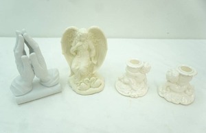 lot 372 image: Ceramic Praying Hands Statue, Angel Candle Holders, Ceramic Cherub Candle Holders