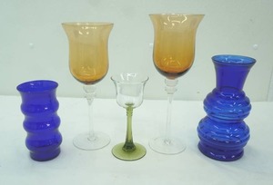 lot 374 image: Vintage Cobalt BLue Vases Long-Stemmed Amber Goblets, 1 smaller stemmed goblet