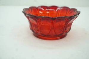 lot 391 image: Vintage Fenton Ruby Red Empress Scalloped Edge Glass Bowl. Barred Oval