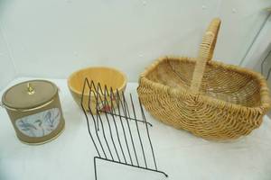 lot 410 image: Large Wicker Basket, Large Wooden Bowl, Vintage Ice Bucket, File Organizer