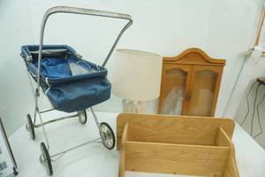 lot 411 image: Antique Doll Buggy, Table Lamp, Wooden Shelf, Wooden Display Cabinet