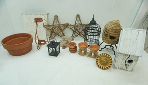 lot 412 image: Metal Decor-Bird Cage, Candle Holders Wooden Decor-Bird House, Bee Hive, Wicker Stars and More