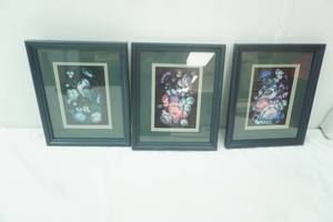 lot 414 image: Russian Folk Art Paintings. 3ct. Zhostovo traditional Russian Folk Art Style. Framed, matted with glass