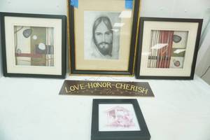 lot 415 image: Art Collection. Abstract, Jesus, Chickens, Love-Honor-Cherish Sign