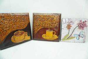 lot 416 image: 3D floral mixed media print, 2 Metal Coffee Shop Decor Signs.