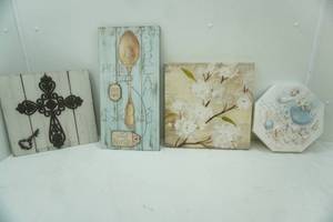 lot 417 image: Art Collection. 2 Canvas, 1 Cast Iron Cross and Key Mixed Media, 1 Speak Kindly Wooden Wall Decor