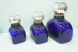 lot 420 image: Vintage Hand-Blown Cobalt Blue Glass Jar wSilver Toned Glass  Cork Stoppers. (large) 3ct
