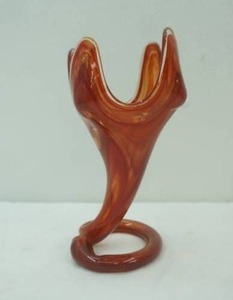 lot 424 image: Vintage Sooner Art Glass Tulip Trumpet Vase wOrange and Caramel Swirl Pattern