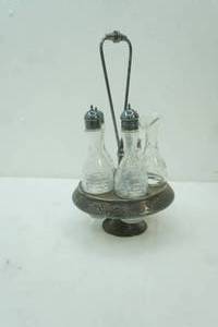 Antique Victorian Silver-Plate and Etched Glass 5-Bottle Cruet Set