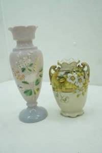 lot 472 image: Hand-Painted Bristol Glass Vase Vintage Nippon 6 two-handled porcelain vase