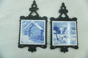 lot 501 image: Vintage Currier & Ives Homestead Winter Cast Iron & Tile Trivets