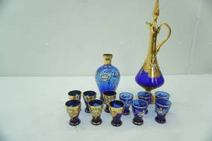 lot 506 image: Vintage Murano Cobalt Blue and Gold Decanter Set (wMurano sticker) Venetian or Bohemian Cobalt BLue Glass Decanter w24K gold gilt and hand-painted enamel floral designs