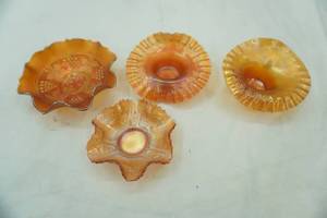 lot 565 image: Vintage Marigold Carnival Glass Bowls, Antique Fenton Sailboats Pattern Marigold Carnival Glass Bowl, Vintage Fenton Marigold Carnival Glass Bowl in the Grape & Cable Pattern