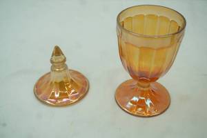 lot 566 image: Vintage Jeannette Marigold Orange Carnival Glass Covered Compote 9.5tall