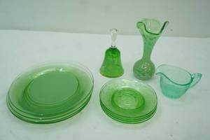 Vintage 5 Vaseline Uranium Glass Salad Plates; Green Depression GLass Creamer; Vintage Hand-Painted Green Glass Bell; Green Glass Swung Vase