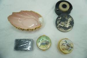 lot 575 image: Vintage Lenox Acanthus Leaf Dish, Scotch Tape Dispenser, Staffordshire Enamel Trinket Boxes