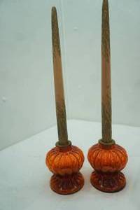 lot 576 image: Vintage Flame RedOrange Glass Candlestick holders with ribbed detail
