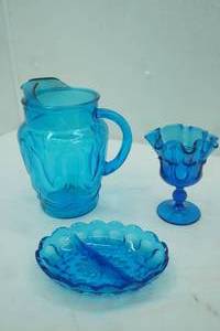 lot 577 image: Vintage BLue Glass Compote Dish, Divided Relish Tray, and Pitcher
