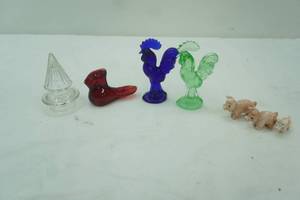 lot 583 image: Blue & Green Glass Rooster Figurines, Ruby Red Glass Bird, 3 Carved Stone Pigs