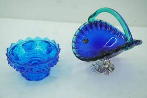 lot 589 image: Vintage White Crystal Made in Italy Blue Glass basket with silver-toned pedestal Vintage Fenton Colonial Blue Hobnail Glass Six-Candle Holder Pedestal Bowl