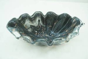 lot 590 image: Murano Shell Glass Bowl Black wBronze Splatter. (Murano Sticker) 10.25x6x3.25