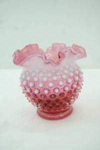 lot 615 image: Fenton Cranberry Opalescent Hobnail Glass Vase