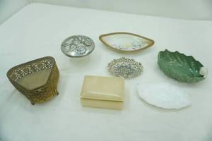lot 620 image: Vintage Gold Filigree and Beveled Glass Jewelry Casket, VintageAntique Soap Dishes, Vintage Alabaster Jewelry Box (made in Italy)