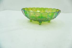 lot 625 image: Vintage Indiana Glass Lime Green Iridescent Carnival Glass Footed Oval Bowl in the Harvest Pattern
