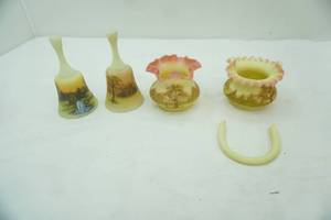 Vintage Fenton Hand-Painted Custard Satin Glass Bells and Ruffled Edge bowl & basket w/broken handle