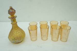lot 632 image: Vintage Fenton Marigold Carnival Glass Decanter Golden Harvest Jeannette Glass Hex Optic Iridescent Marigold Glass Tumblers