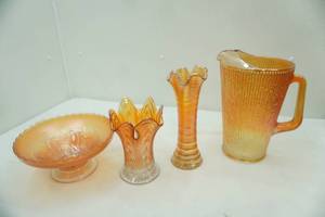 lot 633 image: Vintage  Jeannette Glass Marigold Carnival Glass Pitcher Tree Bark Pattern