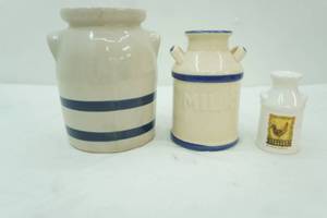 lot 646 image: Vintage Robinson Ransbottom Stoneware Crock Blue Goose Pottery Milk Can Vintage Kate McRostie White Ceramic Milk Jug Salt Shaker
