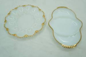 lot 660 image: Vintage Anchor Hocking Fire-King Milk Glass Deviled Egg Plate with Gold Trim and Divided Relish Tray with Gold Trim