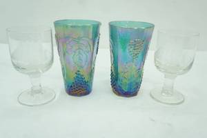 lot 664 image: Vintage Indiana Glass Harvest Grape Iridescent Blue Carnival Glass Tumblers and Etched Crystal Clipper Ship Stemmed Glasses