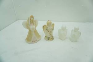 lot 682 image: Fenton Glass Glossy White Opalescent Boy & Girl Praying Angels Fenton Satin Custard Angel Flora Bell Fenton Art Glass hand-painted angel figurine in custard