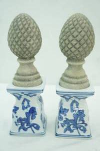 lot 684 image: Blue and White Chinoiserie Porcelain Candle Holders & Artichoke Statues